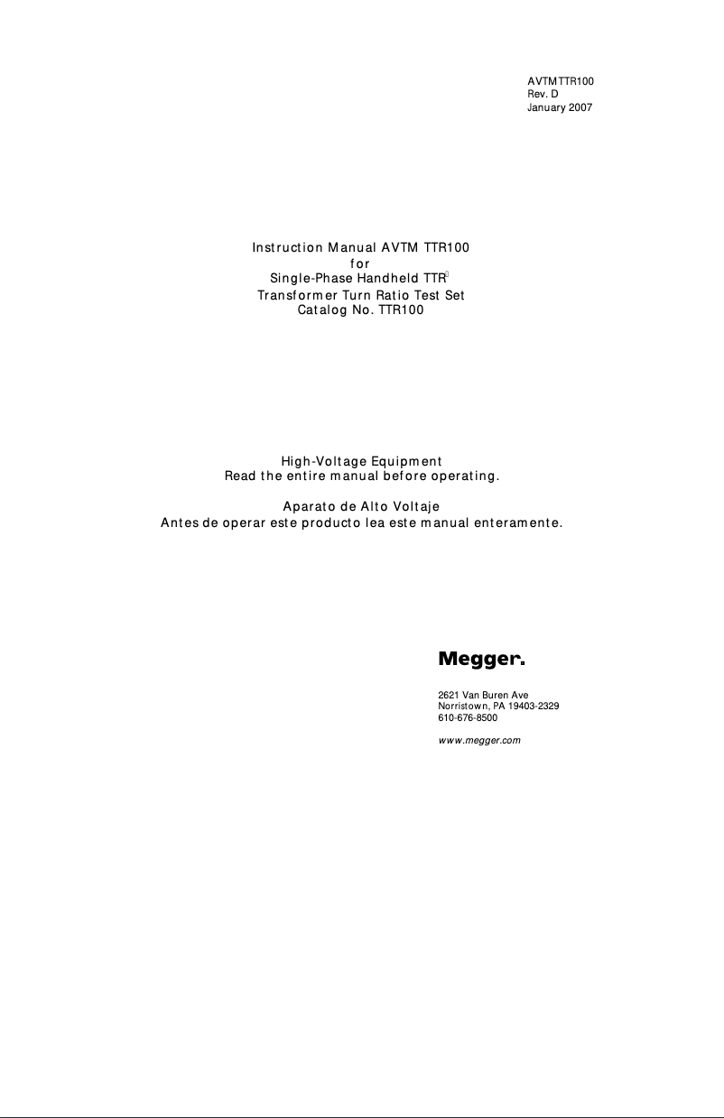 Page 1 de la notice Manuel utilisateur Megger TTR100