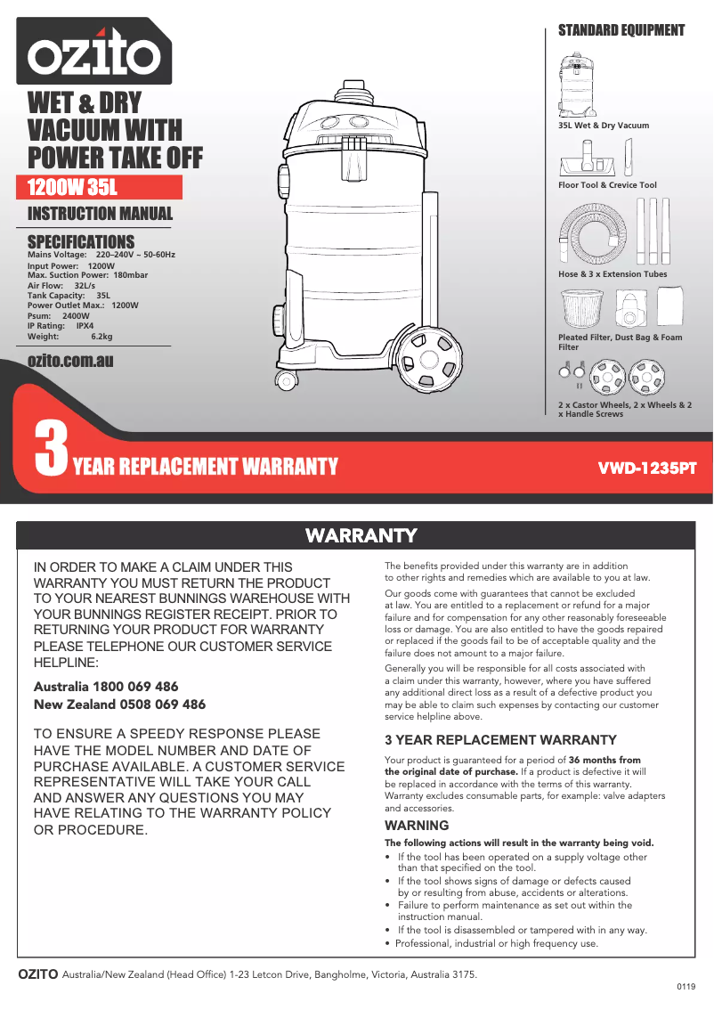 Page 1 de la notice Mode d'emploi Ozito VWD-1235PT