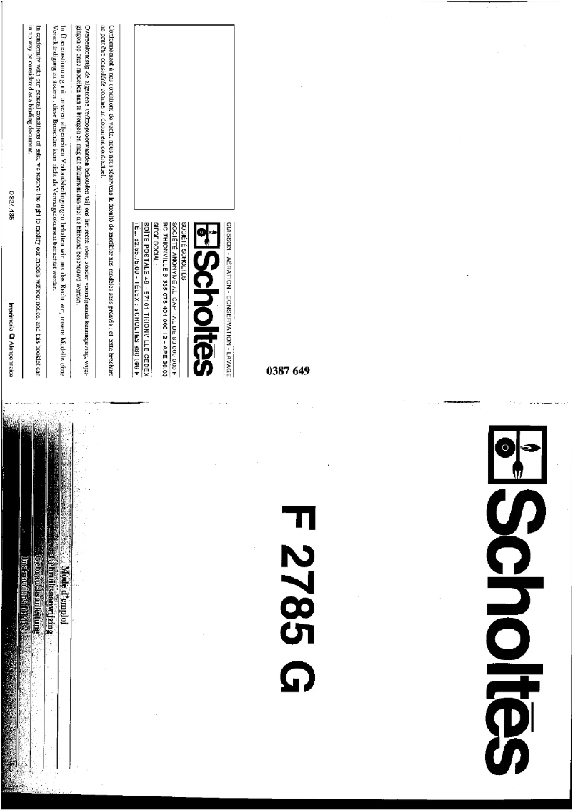 Page n°1 - Manuel utilisateur Scholtès F 2785 G