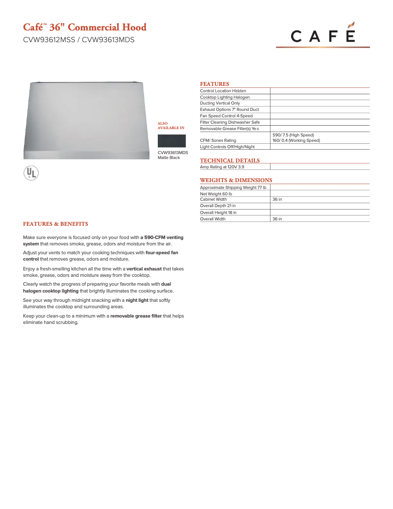 Page 1 de la notice Fiche technique GE CVW93613MDS