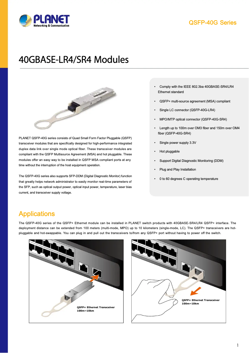 Page n°1 - Fiche technique Planet QSFP-40G-LR4
