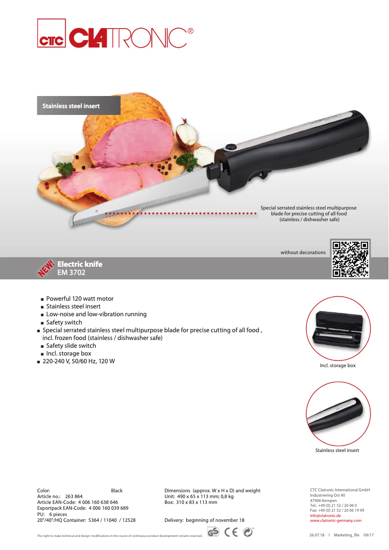 Page 1 de la notice Fiche technique Clatronic EM 3702