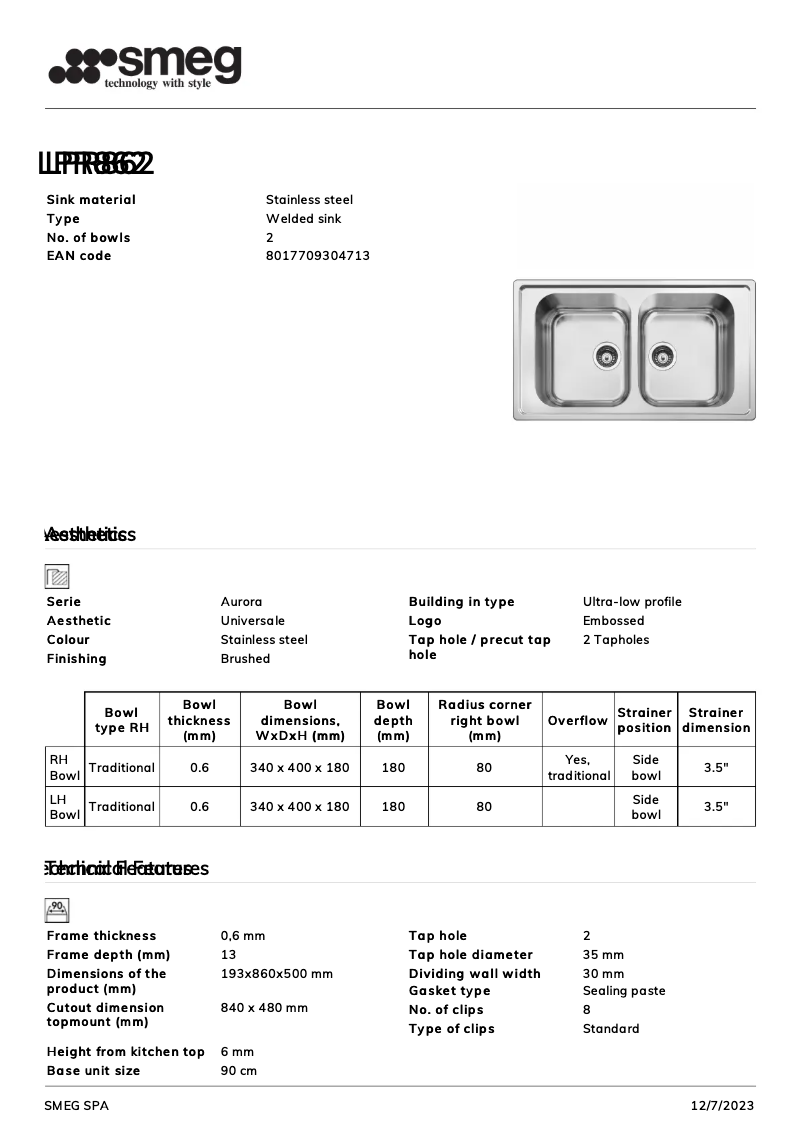Page 1 de la notice Manuel utilisateur Smeg LPR862