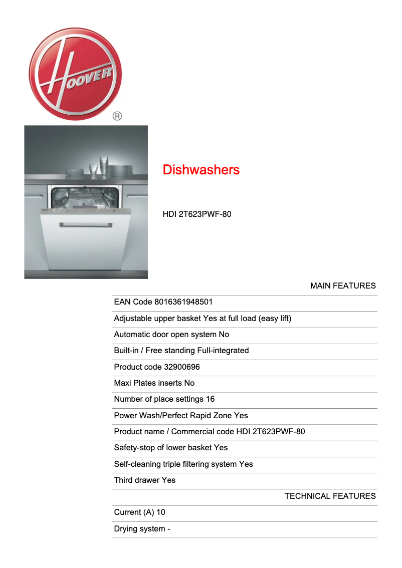 Page 1 de la notice Fiche technique Hoover DYNAMIC MEGA ONE FI HDI 2T623PWF-80