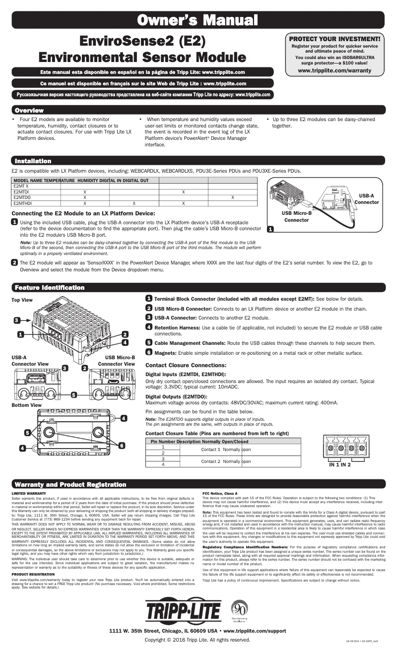 Page 1 de la notice Manuel utilisateur Tripp Lite EnviroSense2 E2MTDI