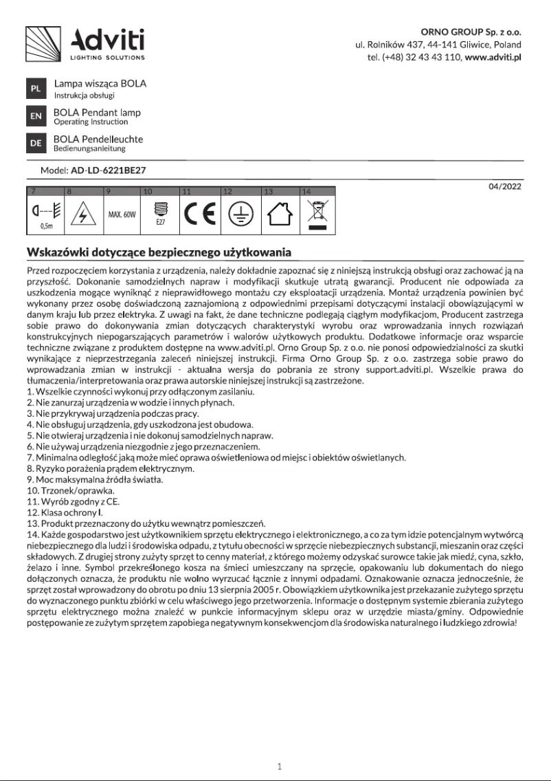 Page n°1 - Manuel utilisateur Adviti AD-LD-6221BE27