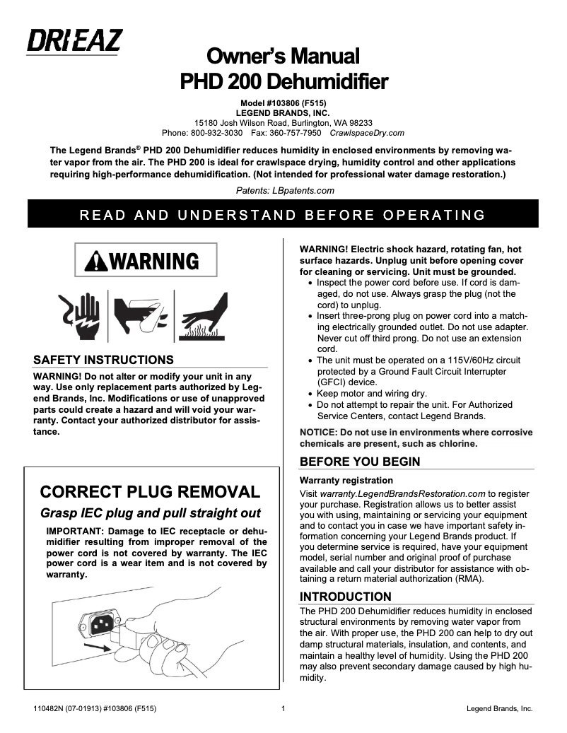 Página 1 del manual Manual de usuario Dri Eaz PHD 200