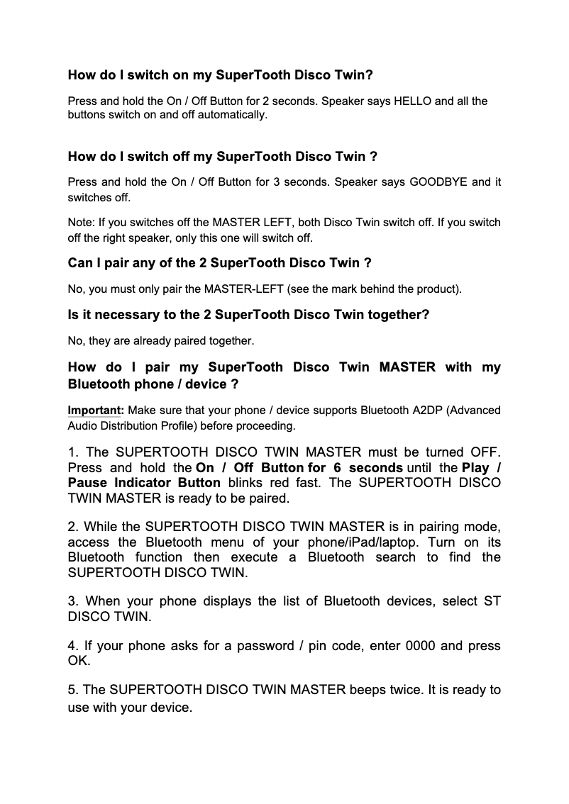Page 1 de la notice FAQ SuperTooth Disco Twin