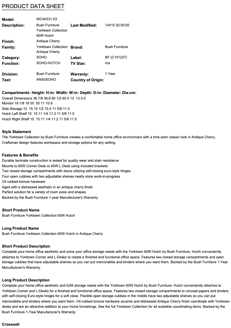 Page 1 de la notice Fiche technique Bush Yorktown WC40331-03
