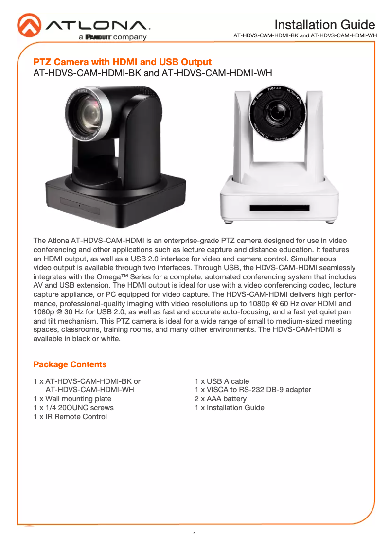 Page 1 de la notice Guide d'installation Atlona HDVS-CAM-HDMI-W