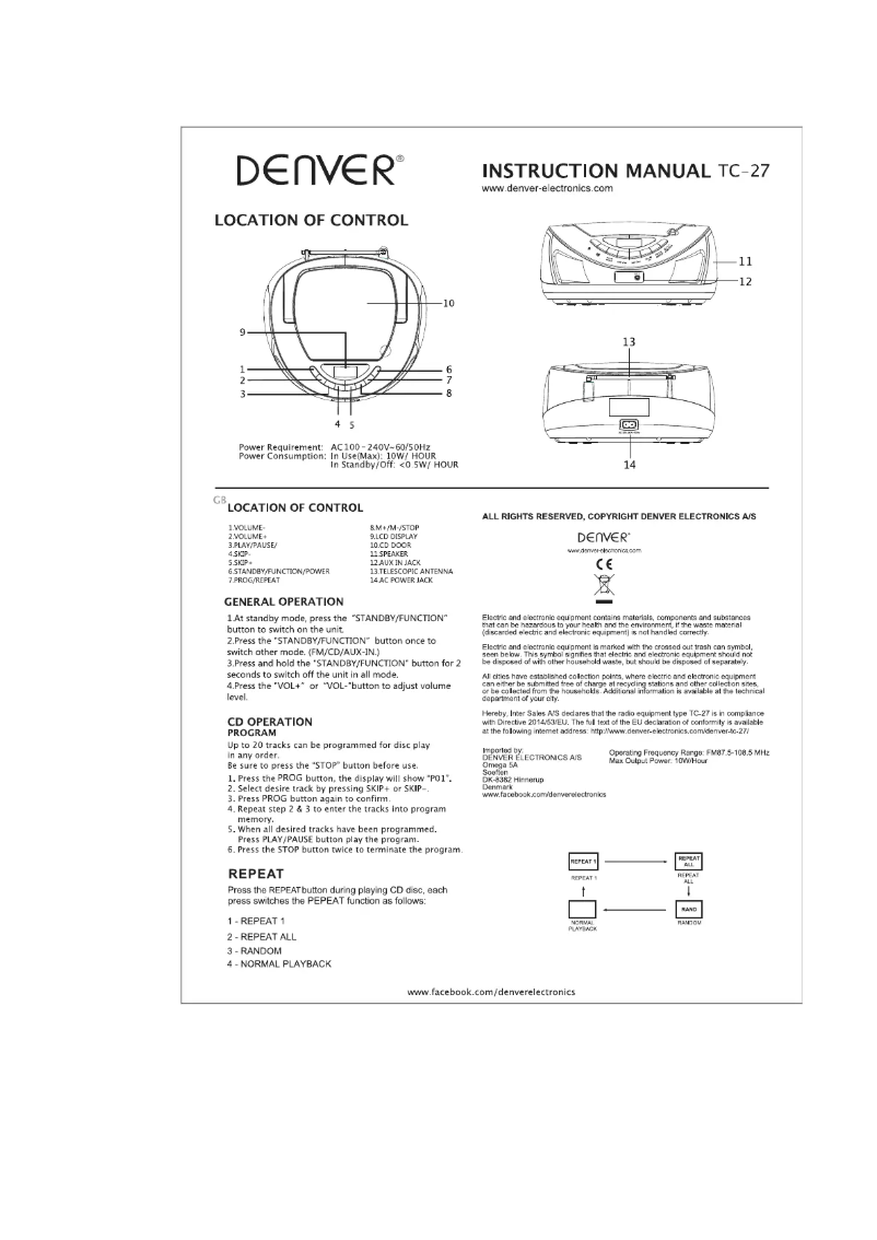 Page 1 de la notice Manuel utilisateur Denver TC-27