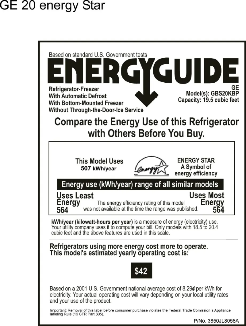 Page n°1 - Label énergétique GE GBS20KBPWW