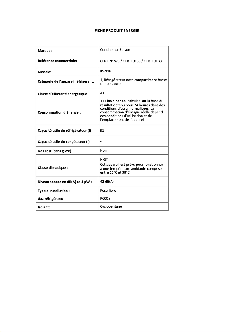Page 1 de la notice Label énergétique Continental Edison CERTT91S8