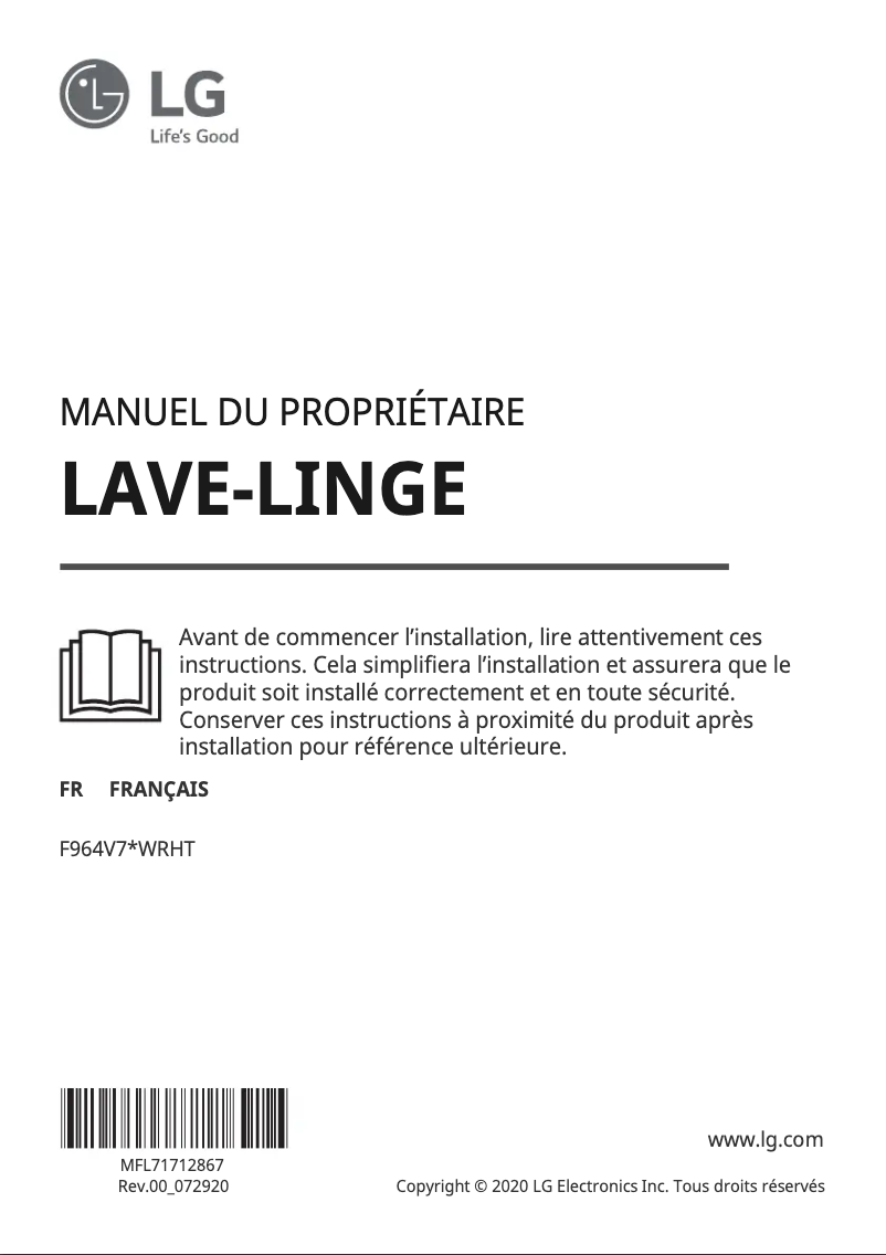 Page 1 de la notice Manuel utilisateur LG F964V72WRHT