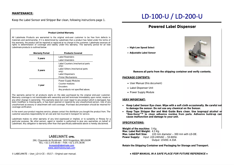 Page n°1 - Manuel utilisateur Labelmate LD-300-U-SS