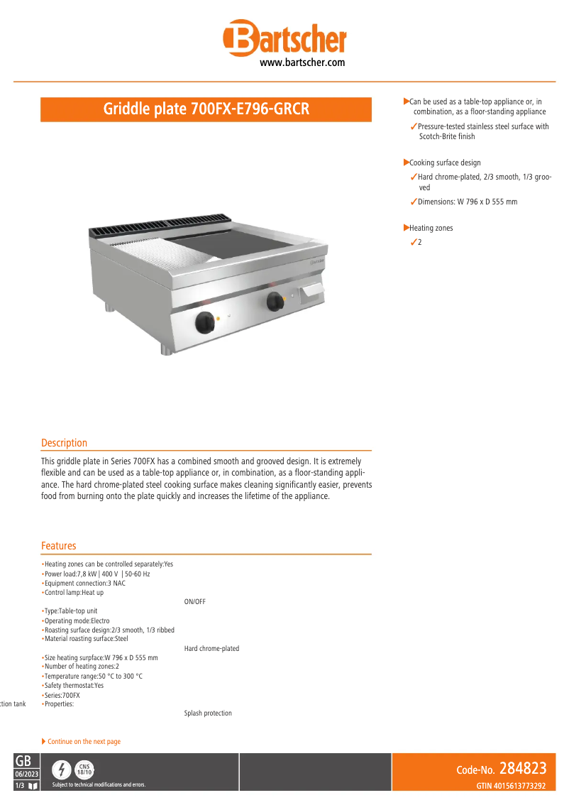 Page 1 de la notice Fiche technique Bartscher 700FX-E796-GRCR