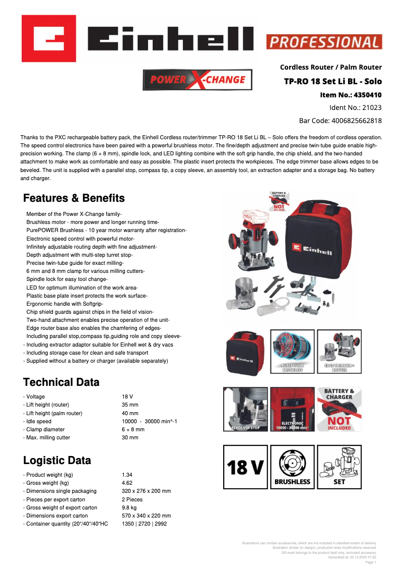 Page 1 de la notice Fiche technique Einhell TP-RO 18 Set Li BL