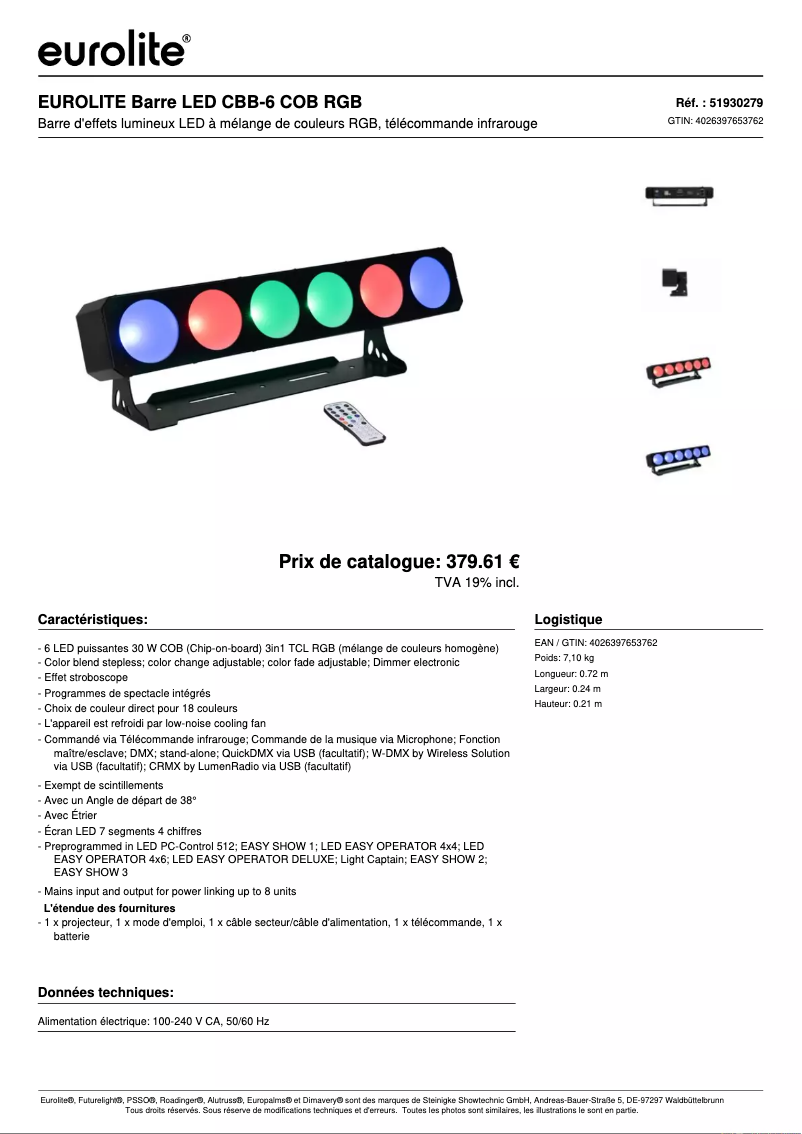 Page n°1 - Fiche technique Eurolite LED CBB-6 COB RGB Bar
