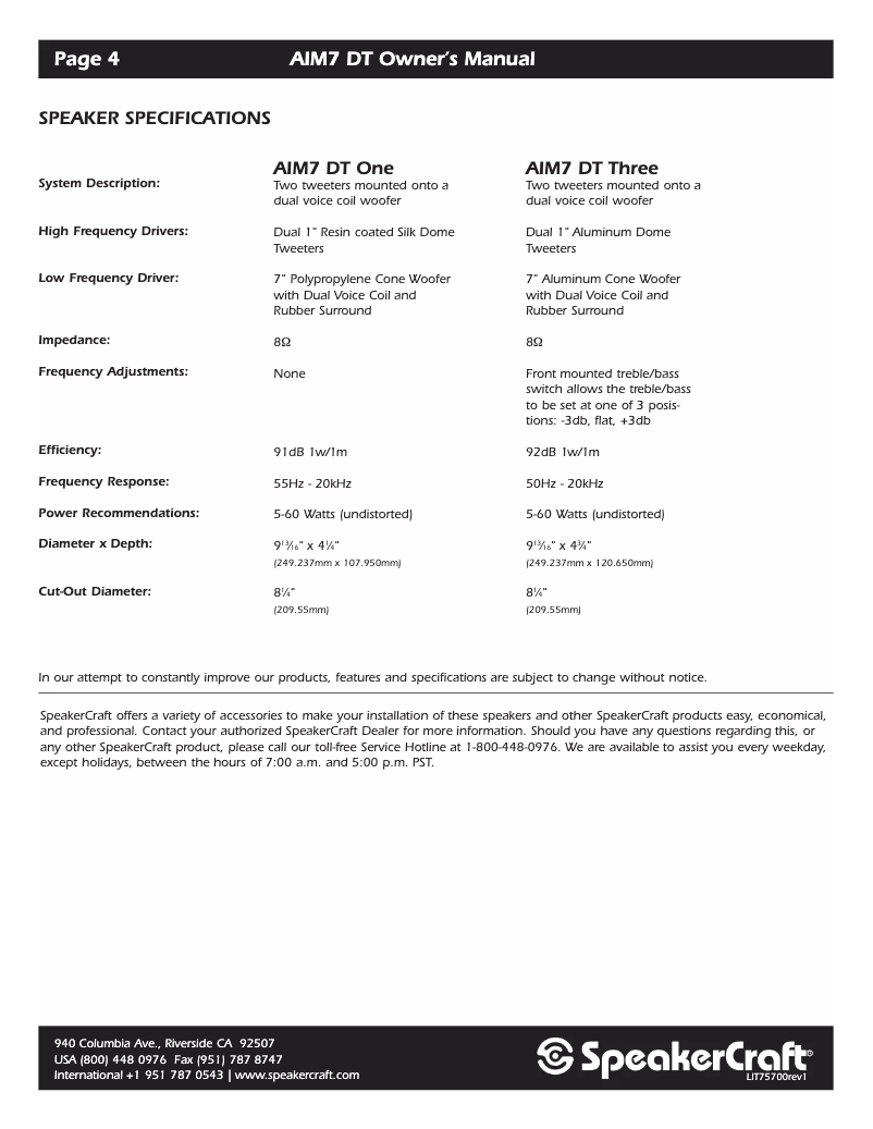 Page n°1 - Manuel utilisateur SpeakerCraft AIM7 DT One