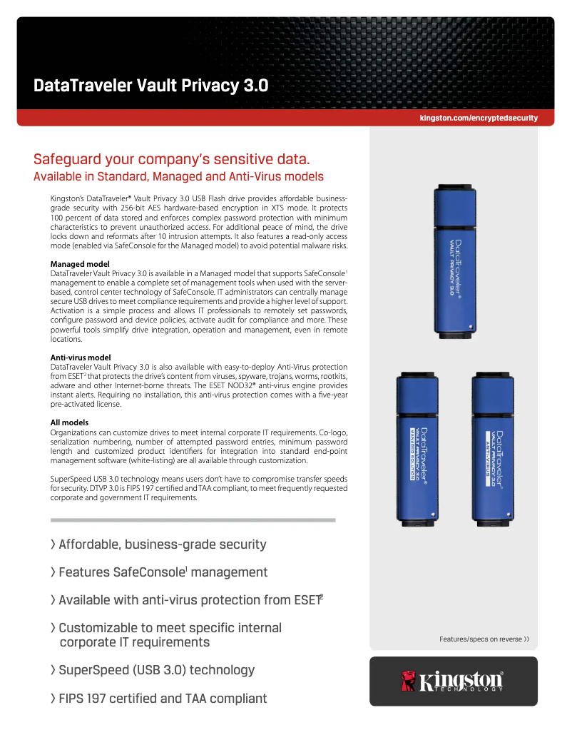 Page 1 de la notice Fiche technique Kingston DataTraveler Vault Privacy 3.0
