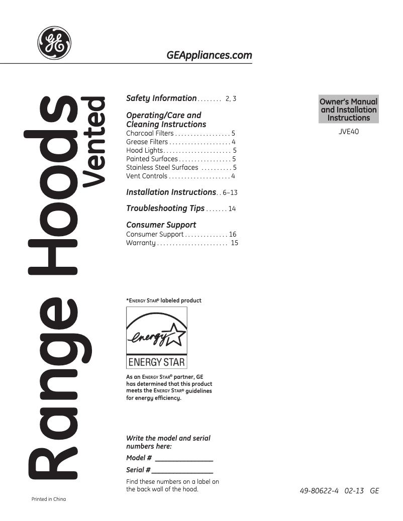 Page n°1 - Mode d'emploi GE JVE40DTWW