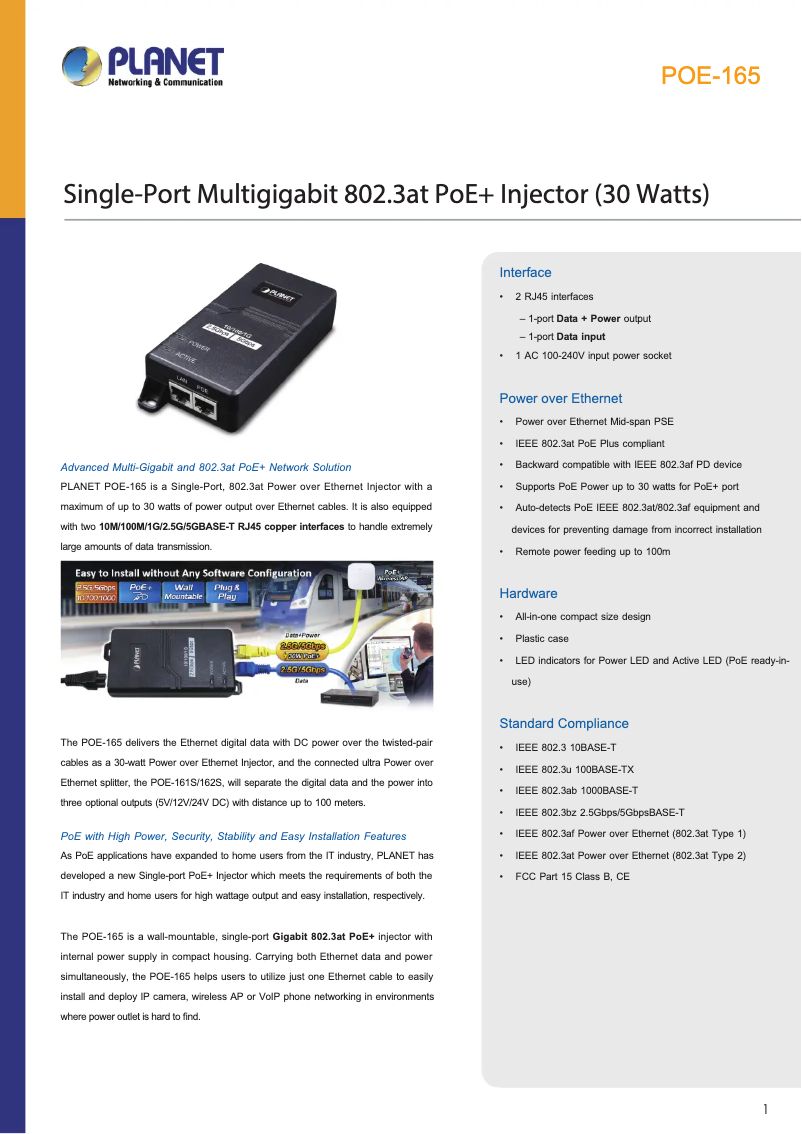Page 1 de la notice Fiche technique Planet POE-165