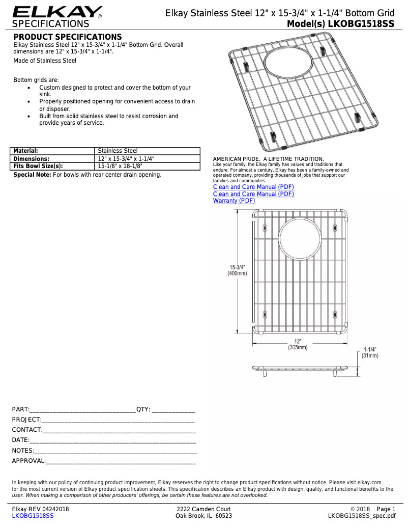 Page n°1 - Fiche technique Elkay LKOBG1518SS