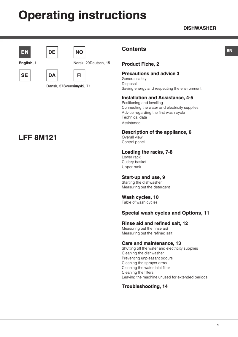 Page 1 of the manual User Manual Hotpoint Ariston LFF 8M121 CX DE/SK