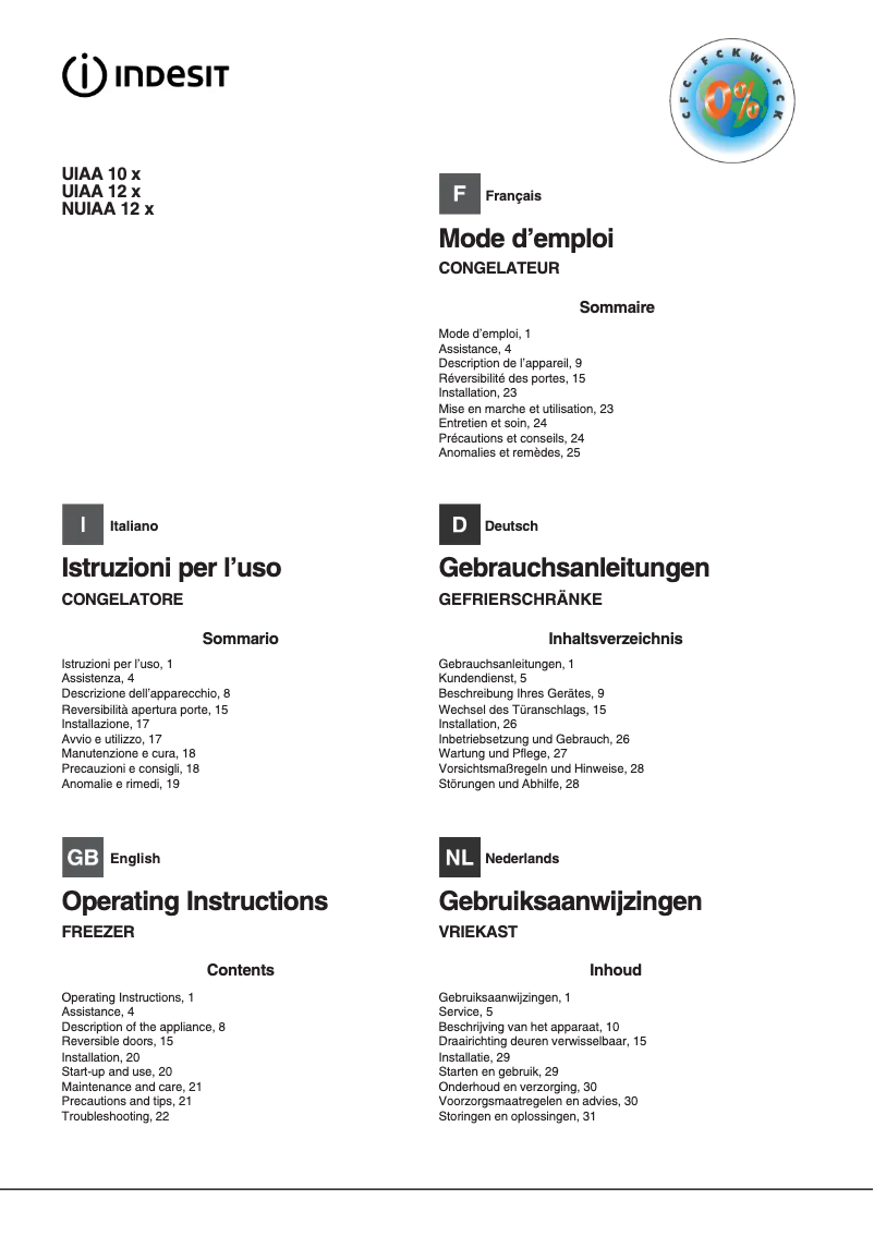 Page 1 de la notice Manuel utilisateur Indesit UIAA 10 X