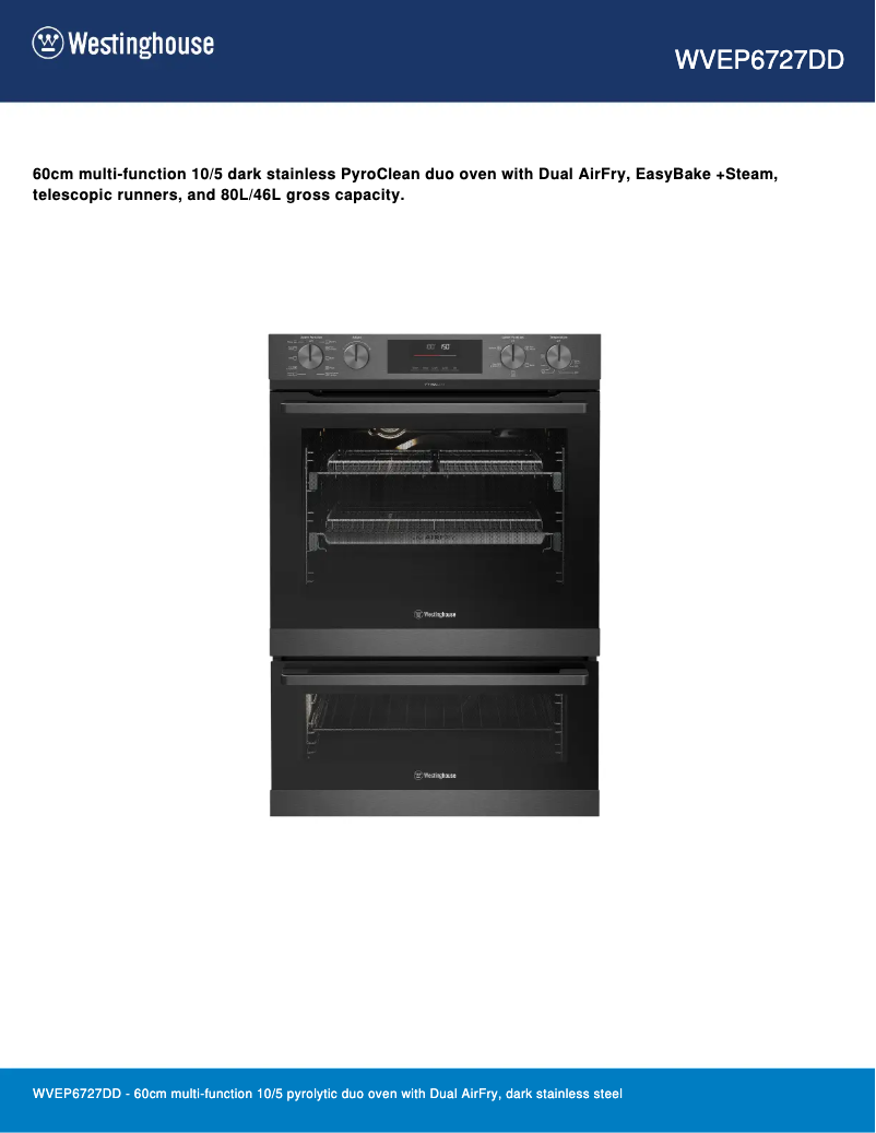 Page 1 de la notice Fiche technique Westinghouse WVEP6727DD