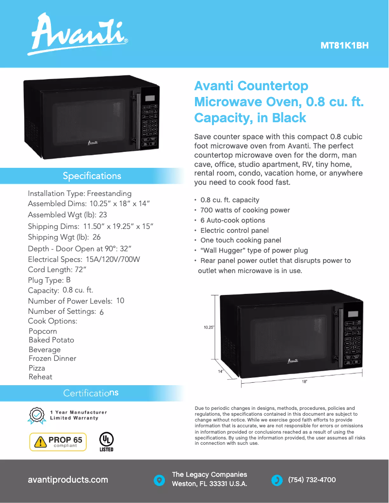 Page 1 de la notice Fiche technique Avanti MT81K1BH