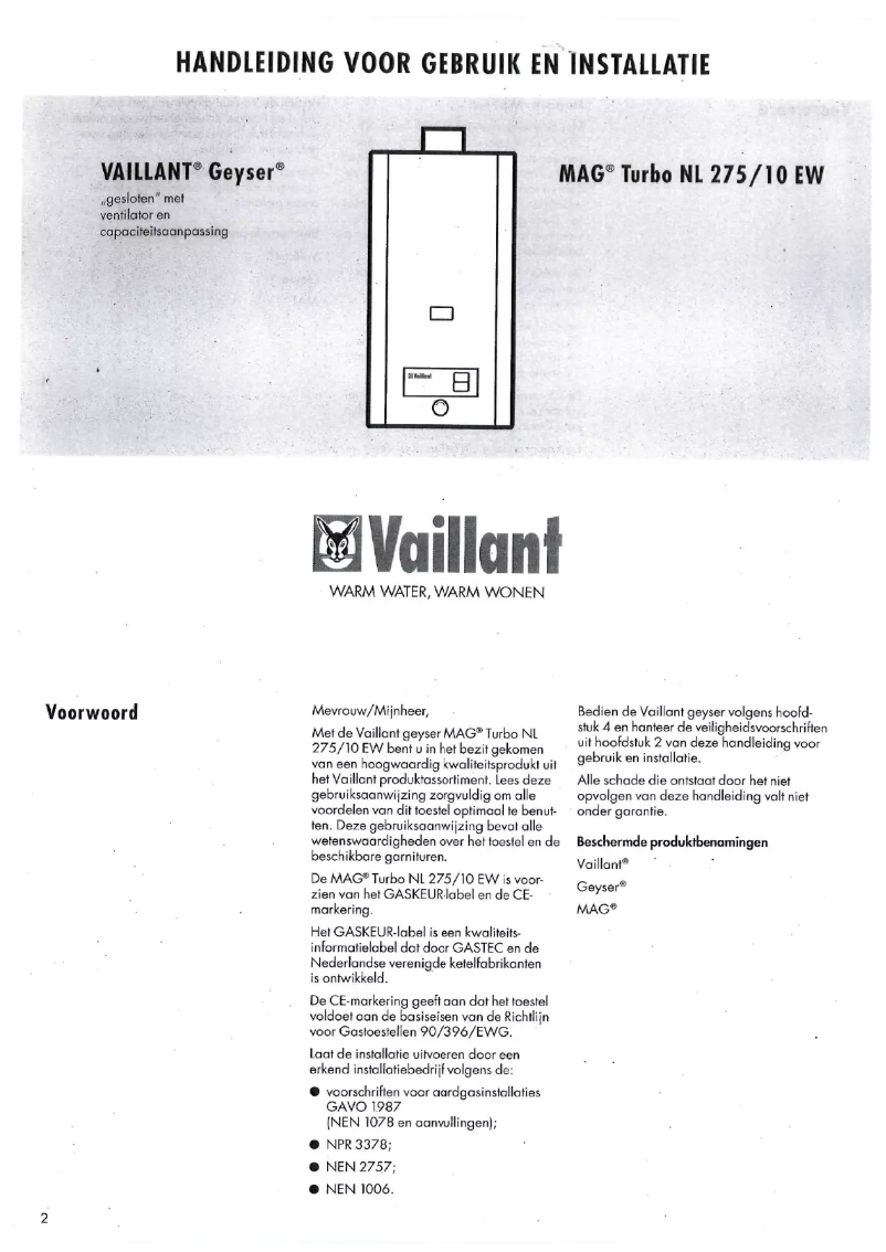 Page n°1 - Manuel utilisateur Vaillant MAG turbo 275/10 EW
