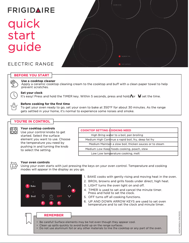 Page n°1 - Guide de démarrage rapide Frigidaire FCRE3052BB
