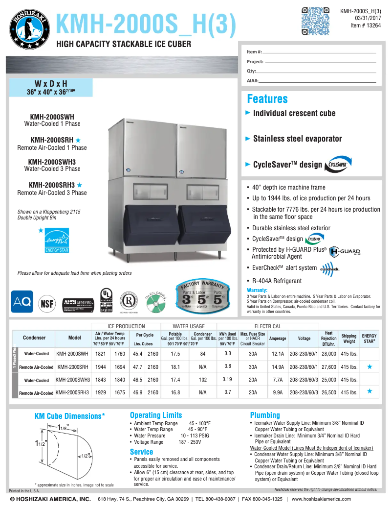 Page 1 de la notice Fiche technique Hoshizaki KMH-2000SWH3