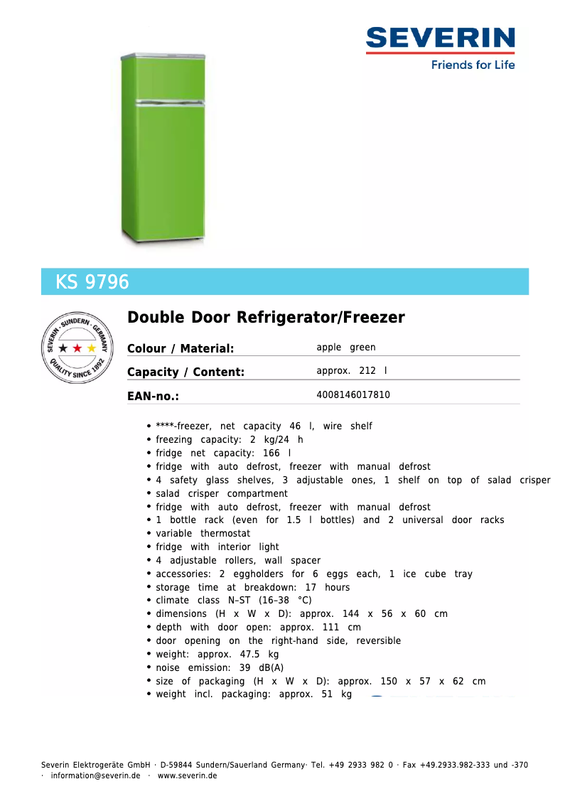 Page 1 de la notice Fiche technique Severin KS 9796