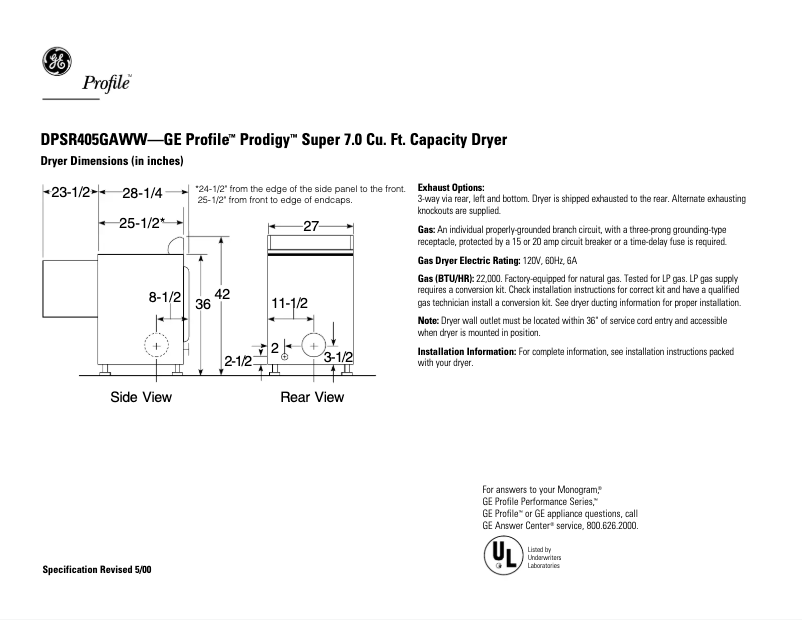 Page n°1 - Fiche technique GE Profile Prodigy DPSR405GAWW
