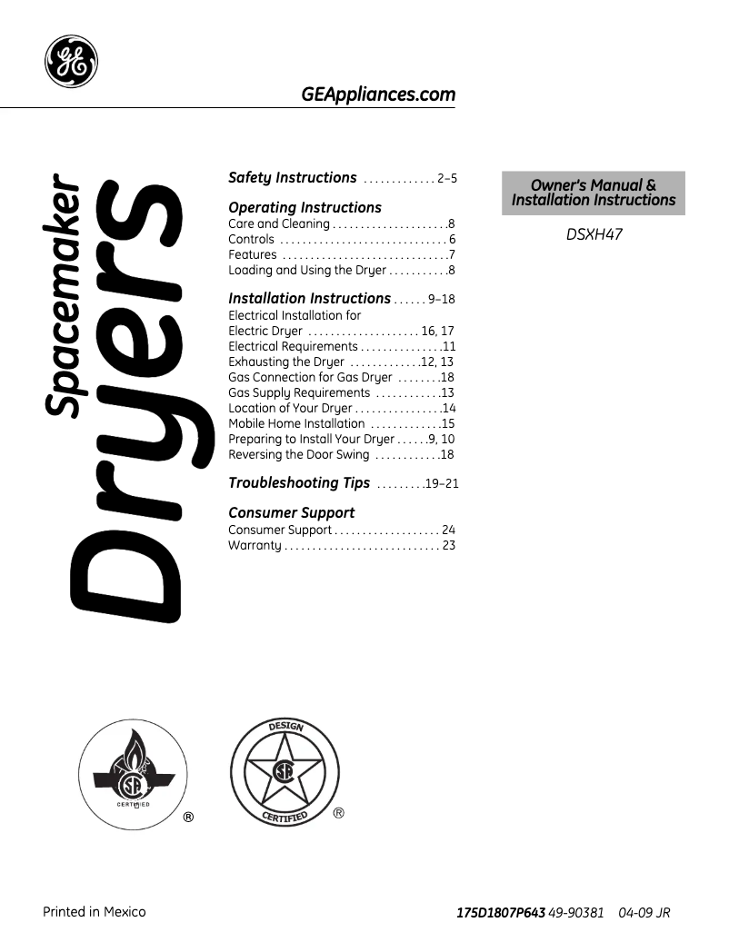 Image de la première page du manuel de l'appareil DSXH47GGWW