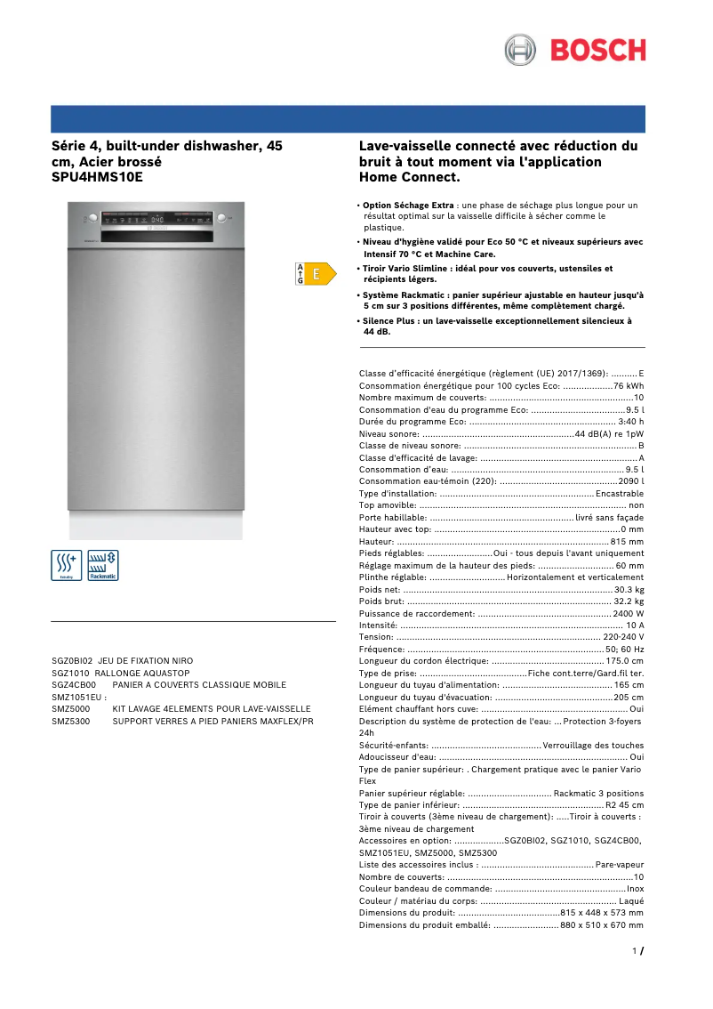 Page 1 de la notice Manuel utilisateur Bosch SPU4HMS10E