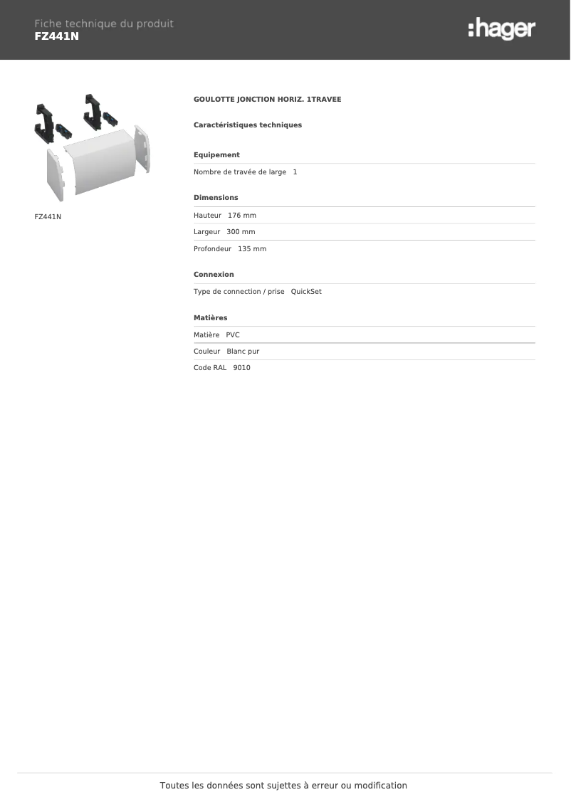 Page 1 de la notice Fiche technique Hager FZ441N