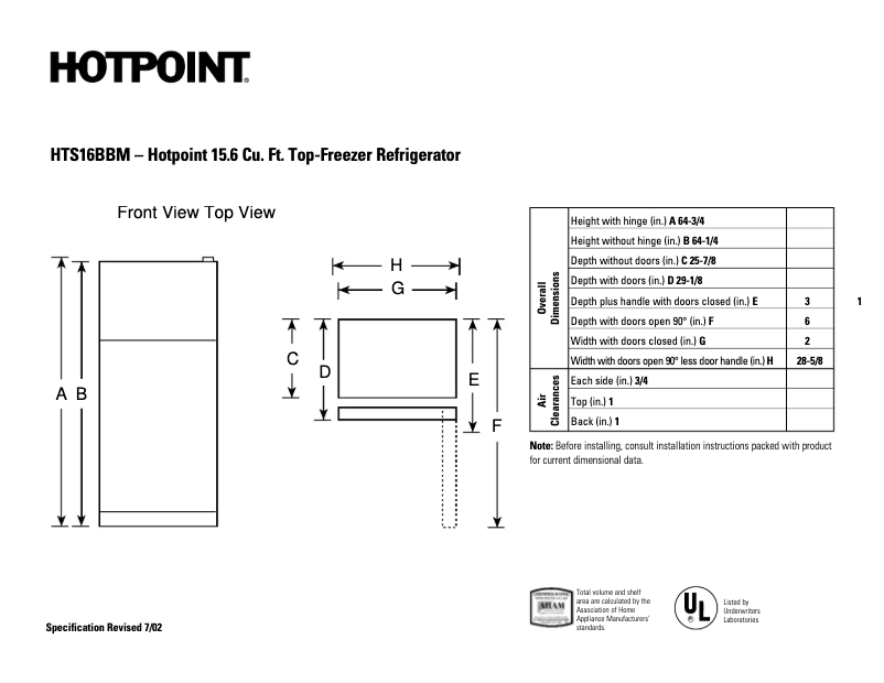 Page 1 de la notice Fiche technique Hotpoint HTS16BBMRWW
