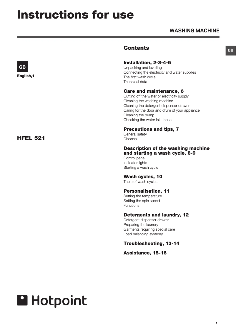 Page 1 de la notice Manuel utilisateur Hotpoint HFEL521P