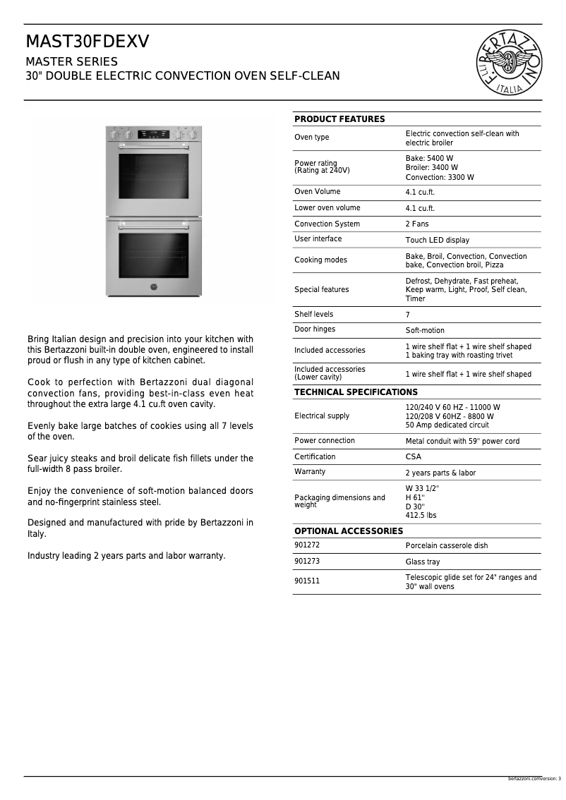 Page n°1 - Fiche technique Bertazzoni MAST30FDEXV