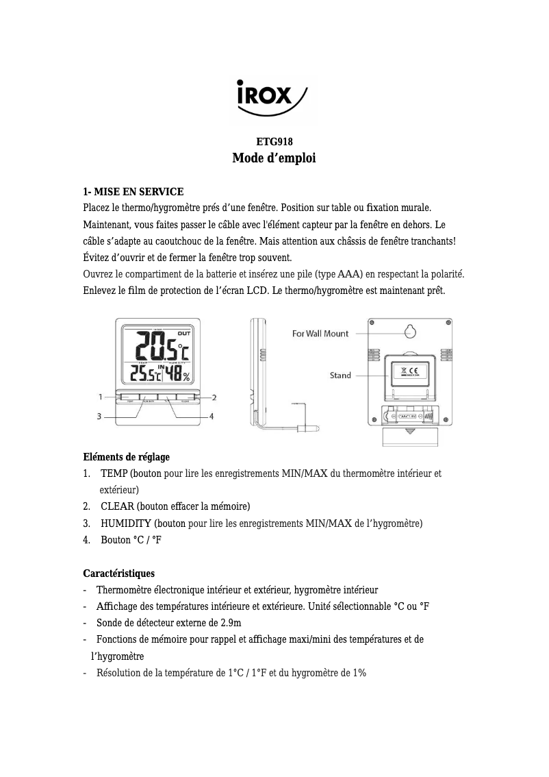 Page n°1 - Manuel utilisateur Irox ETG918