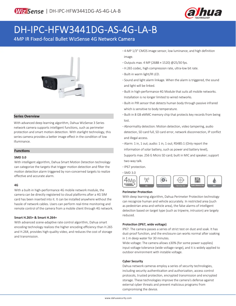Page 1 de la notice Fiche technique Dahua Technology IPC-HFW3441DG-AS-4G-LA-B