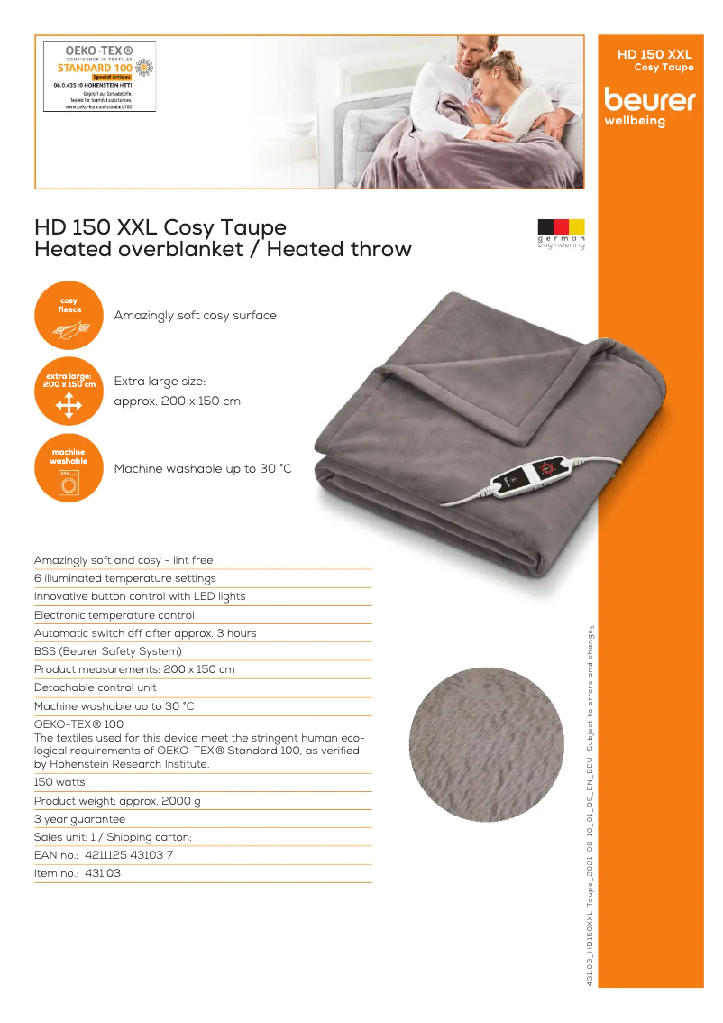 Page 1 of the manual Technical Sheet Beurer HD 150 XXL Cosy