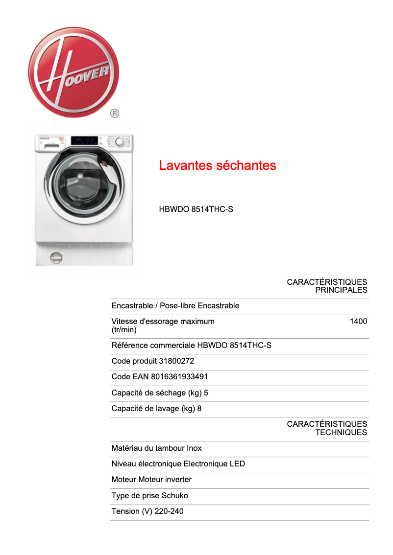 Page 1 de la notice Fiche technique Hoover HBWDO 8514THC-S