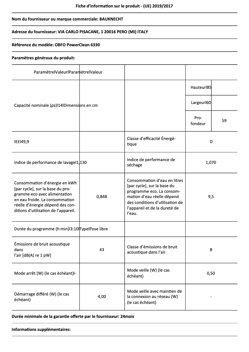 Page 1 de la notice Fiche technique Bauknecht OBFO PowerClean 6330
