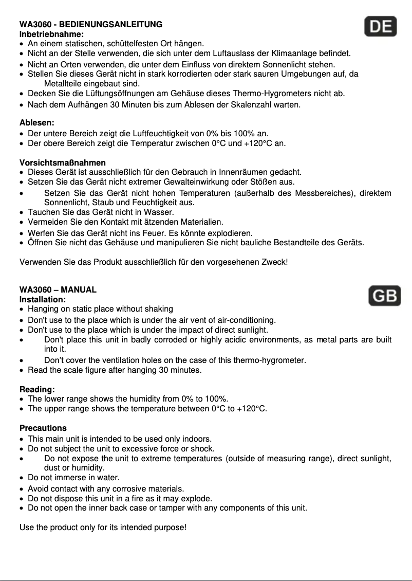 Page 1 de la notice Manuel utilisateur Techno Line WA 3060