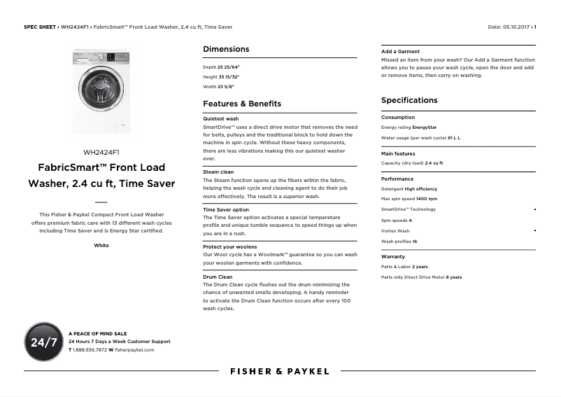 Page 1 de la notice Fiche technique Fisher & Paykel WH2424F1