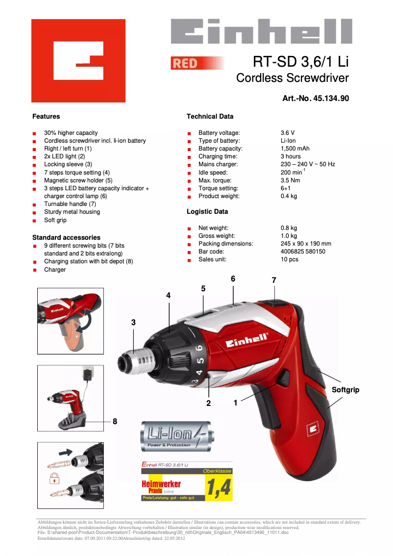 Page 1 de la notice Fiche technique Einhell TE-SD 3,6 Li